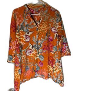 Chico's Tropicalcore Orange/White/Blue Shells & Coral Sides Longer Casual Top M